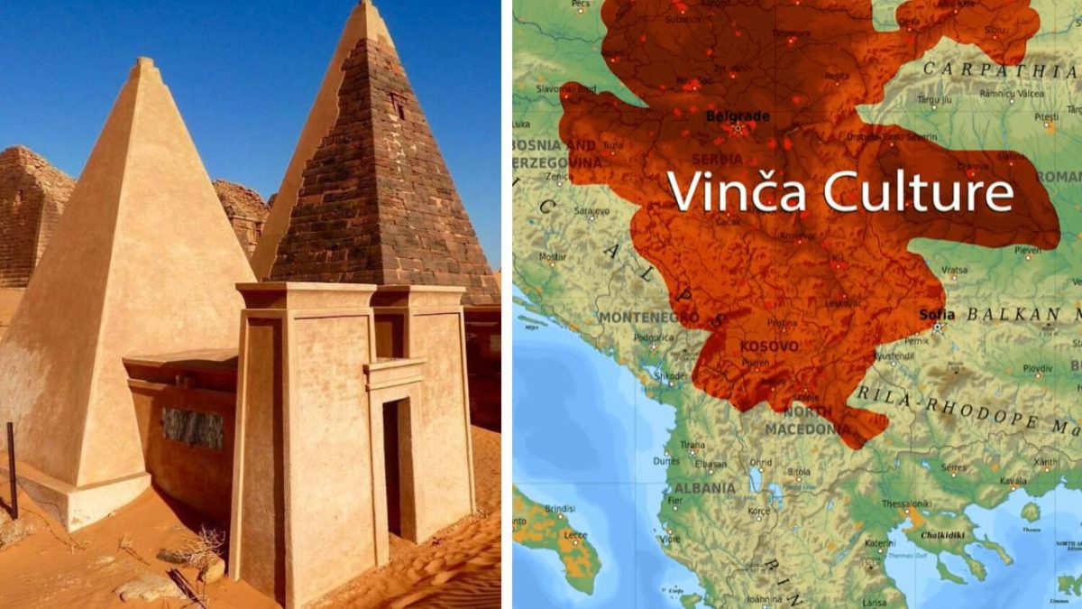 Pyramídy v Núbii a mapa kultúry Vinca v jugovýchodnej Európe zobrazujú staroveké civilizácie a ich oblasti vplyvu.