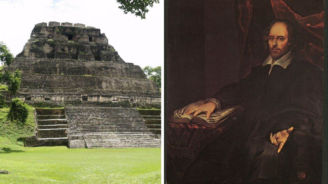 Starobylá mayská pyramída a portrét stredovekého muža s knihou.
