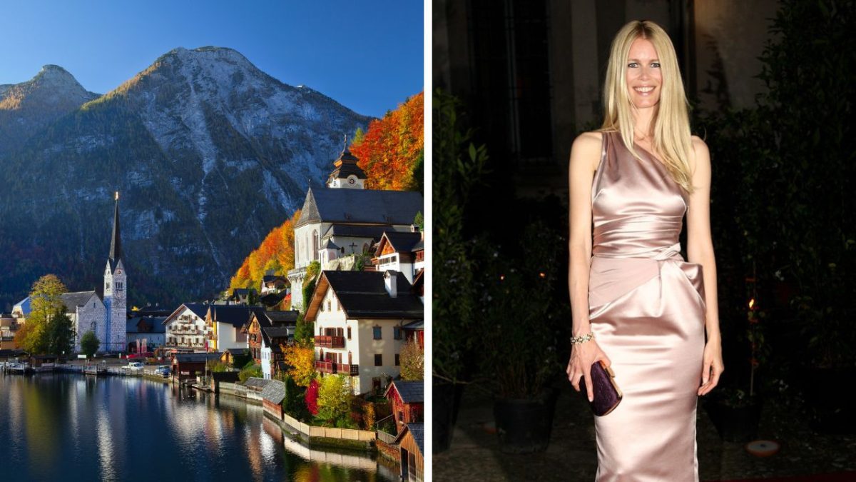 Ľavá strana: malebné rakúske mesto Hallstatt pri jazere. Pravá strana: žena v elegantných večerných šatách.