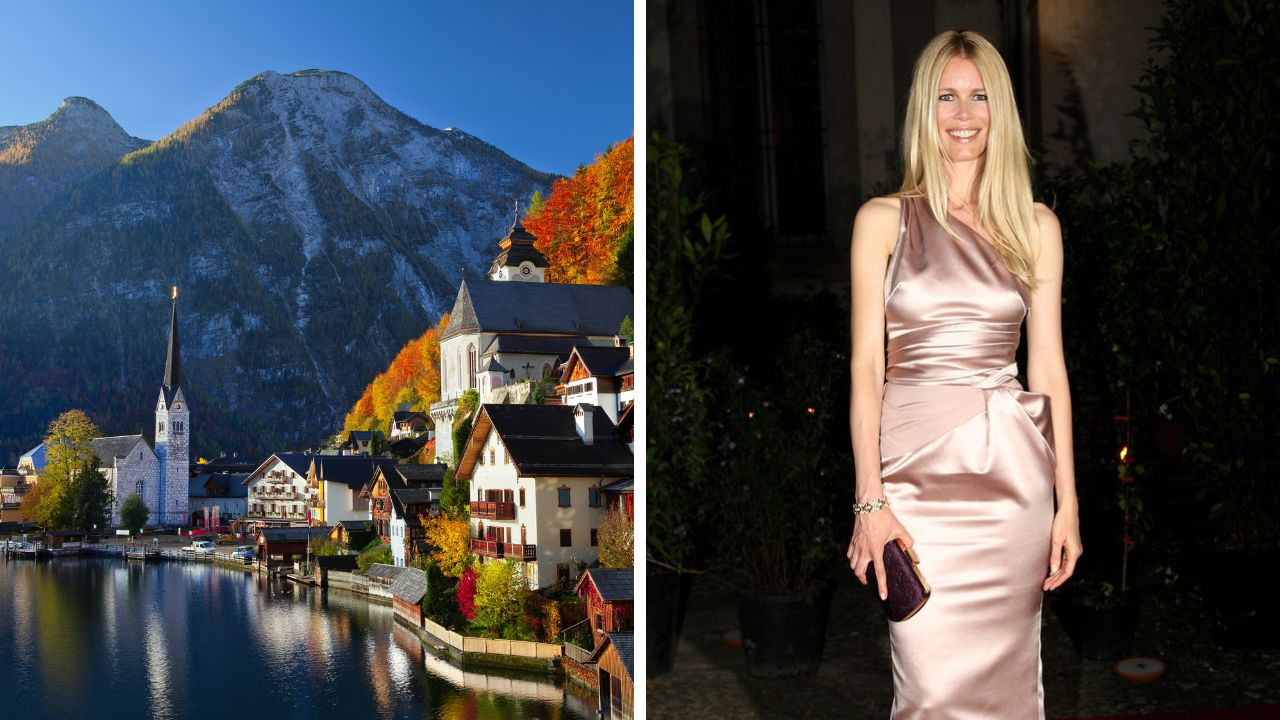 Ľavá strana: malebné rakúske mesto Hallstatt pri jazere. Pravá strana: žena v elegantných večerných šatách.