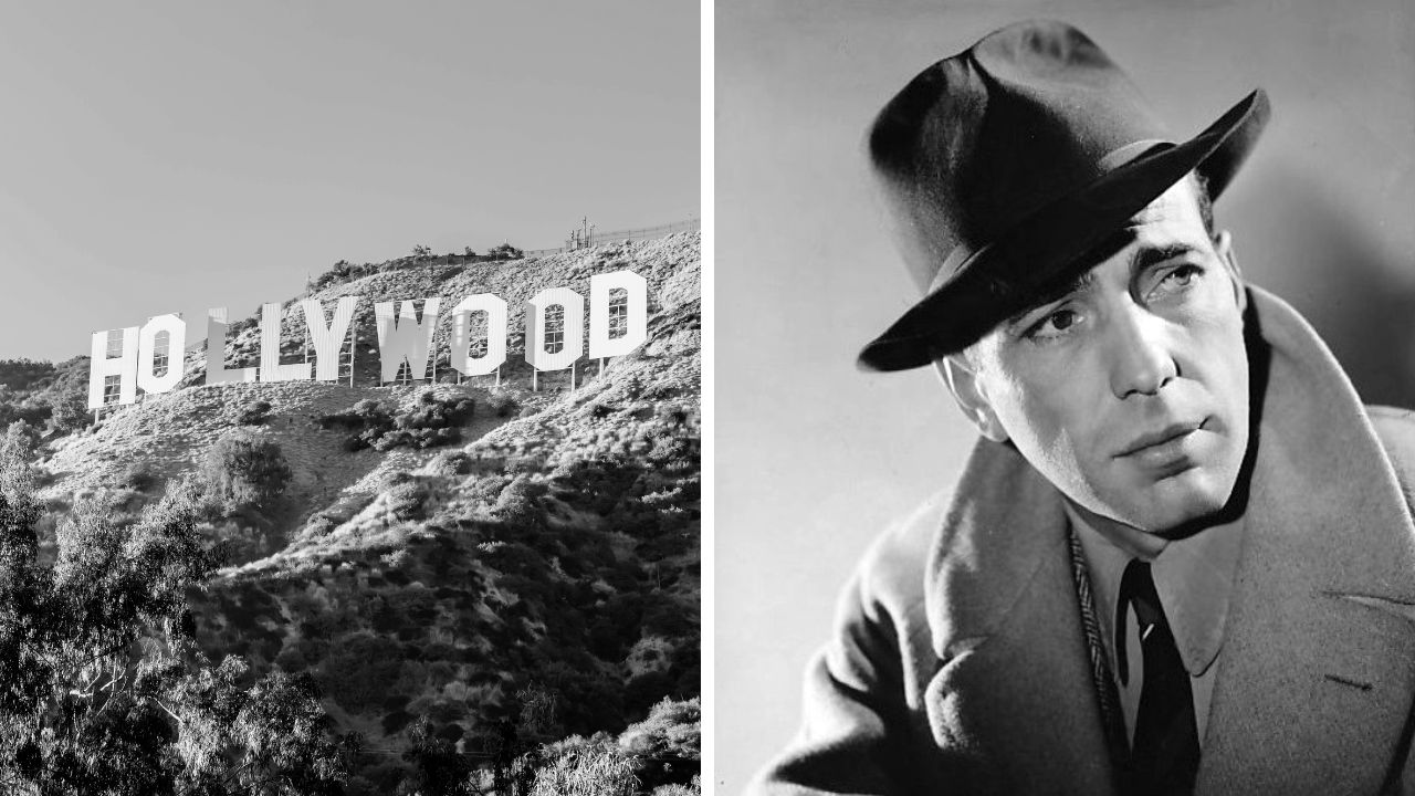 Nápis Hollywood na kopci a čiernobiela fotka muža v klobúku symbolizujúceho klasickú filmovú éru.