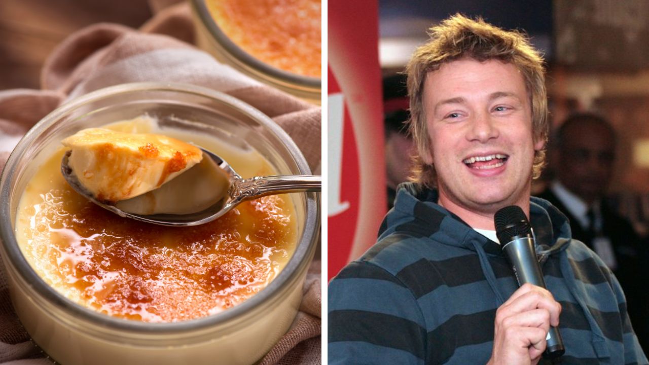 Dezert crème brûlée vedľa usmievajúceho sa muža s mikrofónom, rozdelené obrázkami.