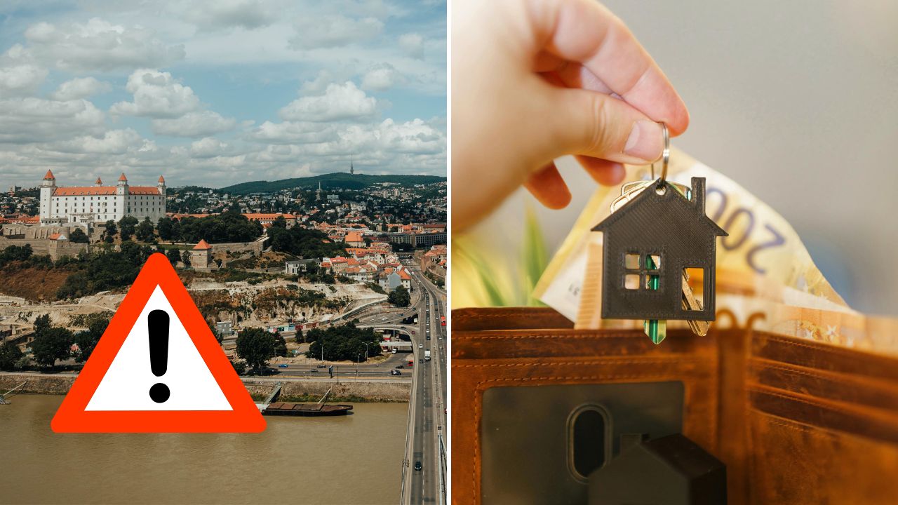 Výstražná ikona pri Bratislavskom hrade, kľúče k domu a bankovky v peňaženke symbolizujú témy vlastníctva nehnuteľností.