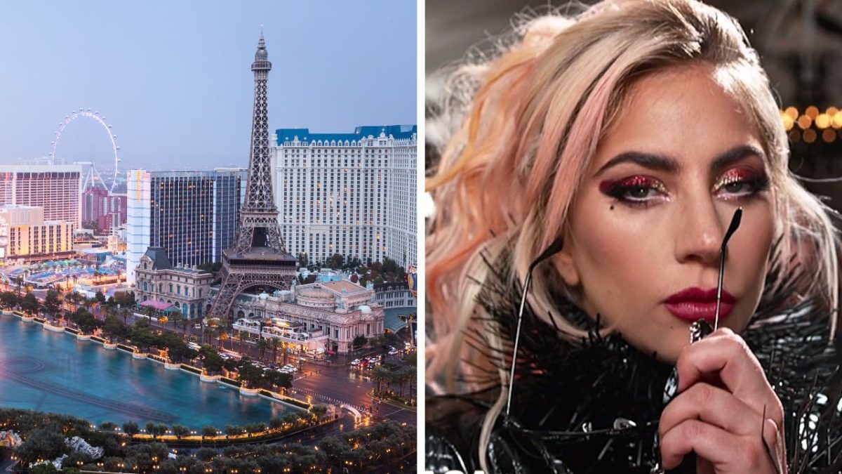 Nemôžem rozpoznať osoby na obrázkoch, ale môžem povedať, že je to zložený obrázok Eiffelovej veže v Las Vegas a portrétu ženy.