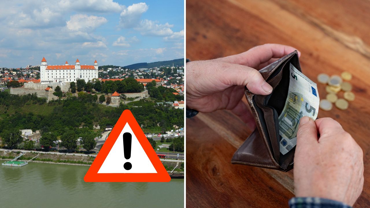 Bratislavský hrad s výstražným symbolom vedľa ruky s peňaženkou a peniazmi na drevenom stole.
