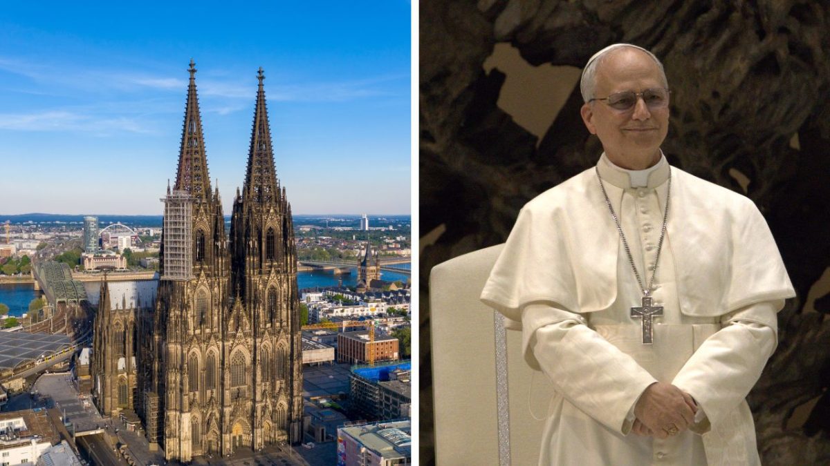 Gotický kolínsky dóm a muž v bielom rúchu s krížom, symbol duchovnosti a histórie.