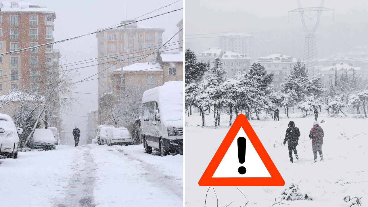 Zasnežené mesto s chodcami na ulici; varovanie pred zimným počasím a snehovými podmienkami.
