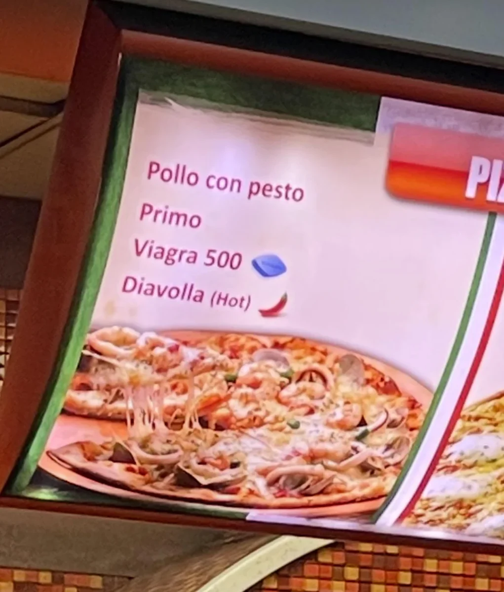 Ponuka pizze s neobvyklými názvami: Pollo con pesto, Primo, Viagra 500, Diavolla s pikantnou papričkou.