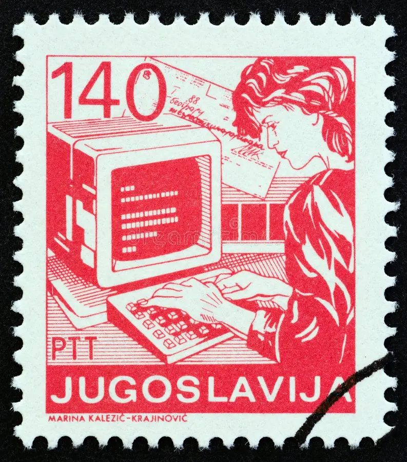 Historická poštová známka z Juhoslávie s vyobrazením osoby pri starom počítači, hodnota 140.