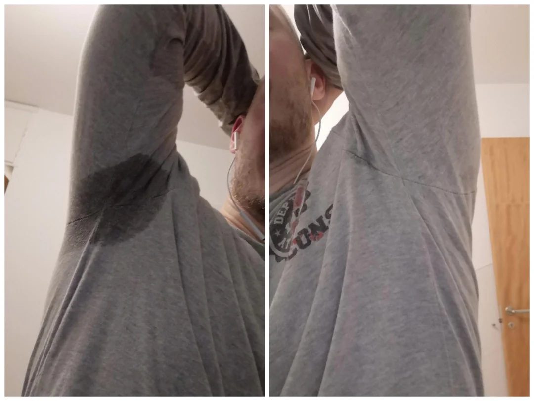 Porovnanie podpazušia pred a po použití antiperspirantu na šedej mikine.