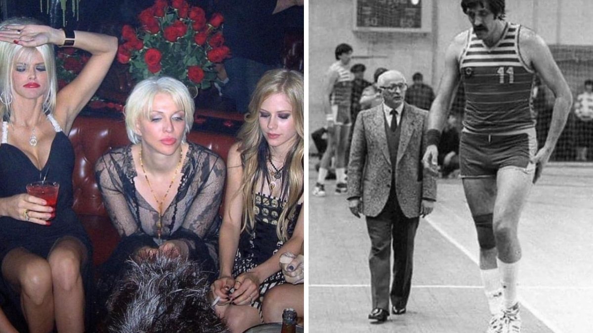 Nie je možné rozpoznať osoby na obrázku. Scéna z klubu a historický moment s basketbalistom na ihrisku.