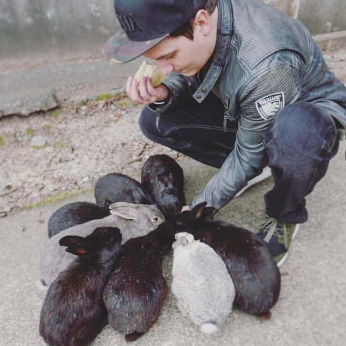 Osoba kŕmi skupinu králikov na betónovej ploche, oblečená v tmavej bunde a šiltovke.