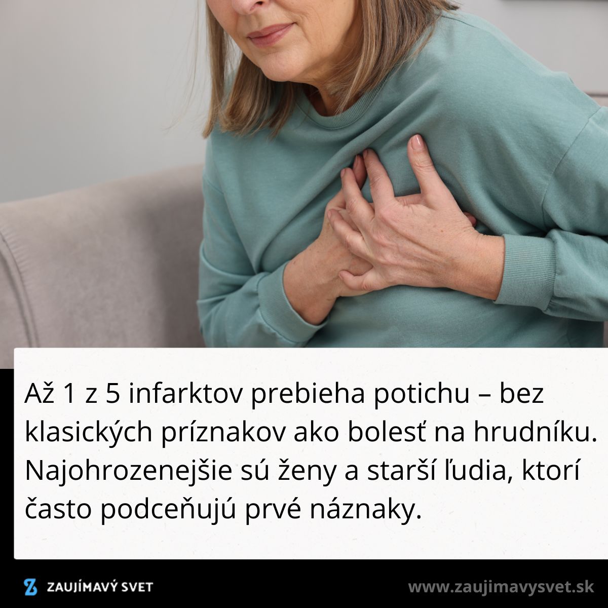 Žena v zelenom svetri drží hrudník, upozorňujúc na tiché príznaky infarktu bez klasickej bolesti na hrudi.