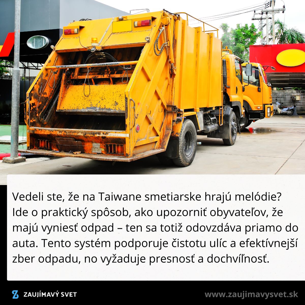 Oranžové smetiarske auto na Taiwane, ktoré prehráva melódie na zber odpadu.
