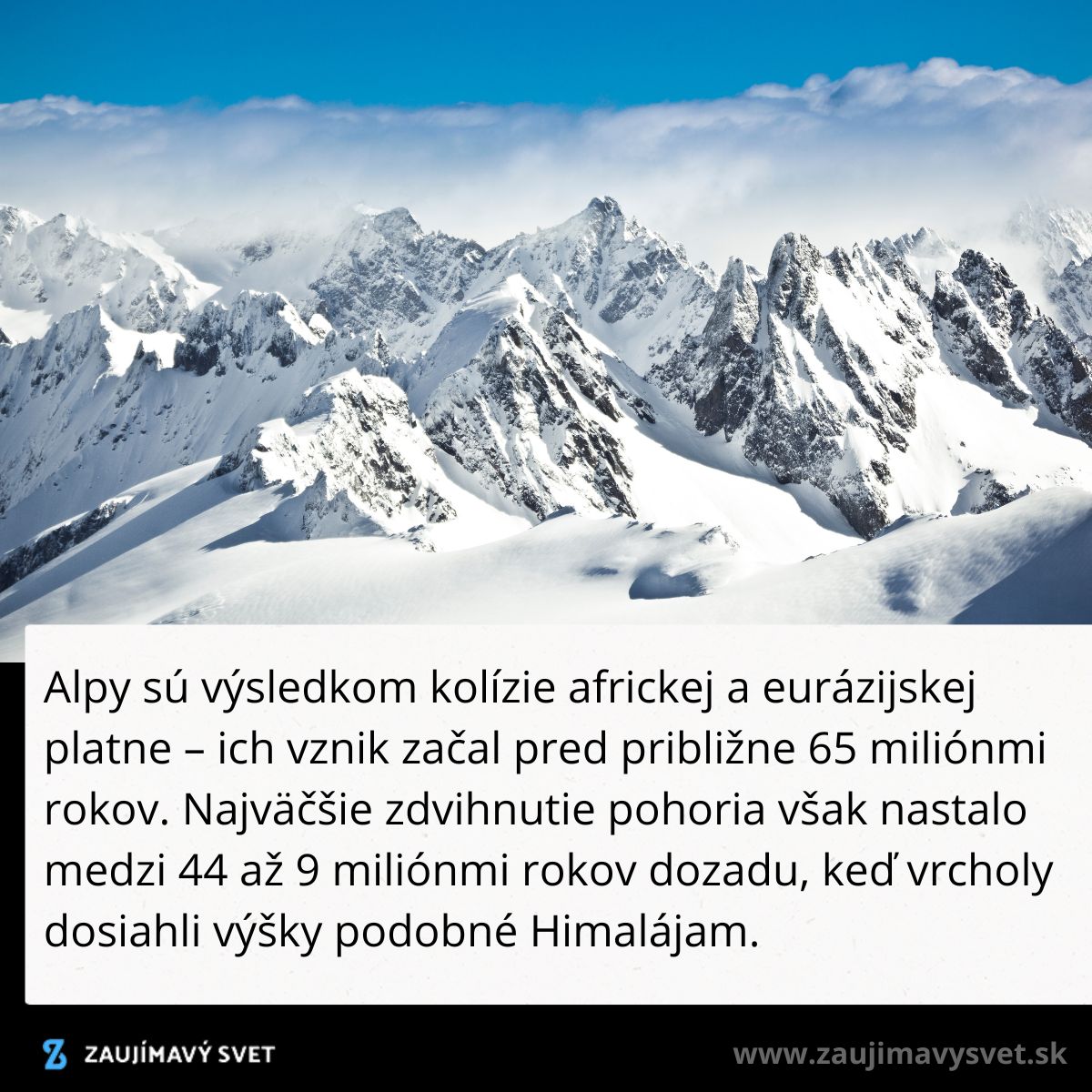 Snehom pokryté vrcholy Álp, výsledok kolízie africkej a eurázijskej platne pred miliónmi rokov, s modrou oblohou.