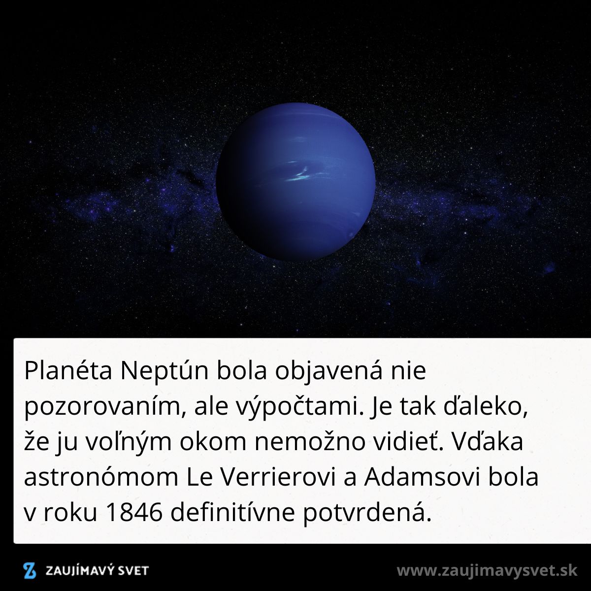 Planéta Neptún na tmavom pozadí vesmíru, objavená v roku 1846 pomocou výpočtov, neviditeľná voľným okom.