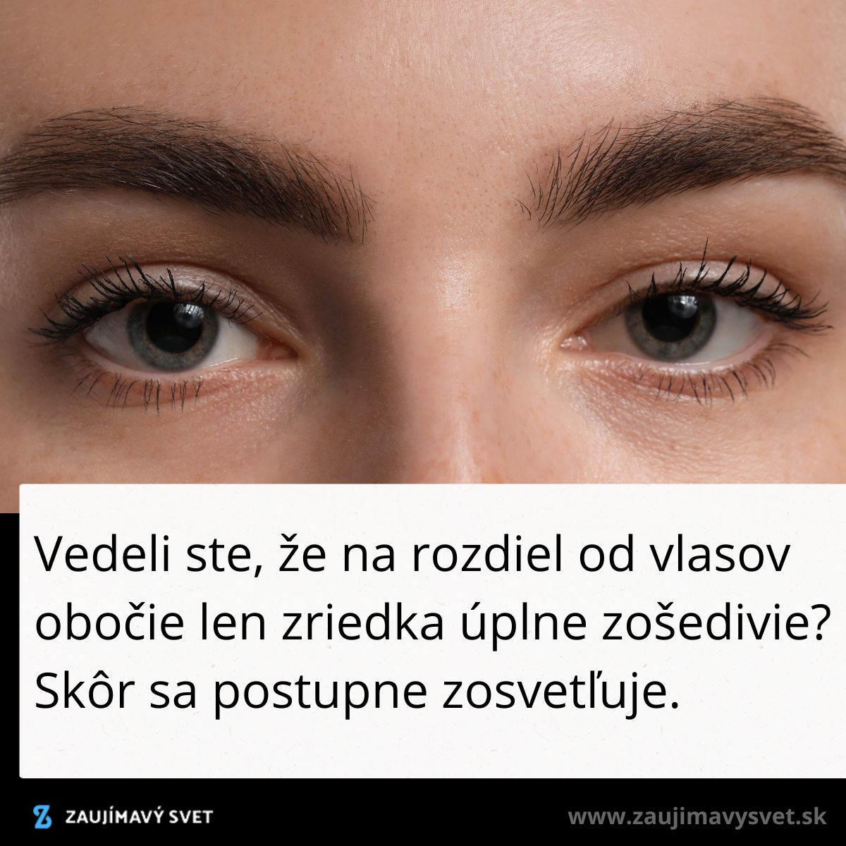 Zblízka ženské obočie s textom: Obočie len zriedka úplne zošedivie, skôr sa postupne zosvetľuje.