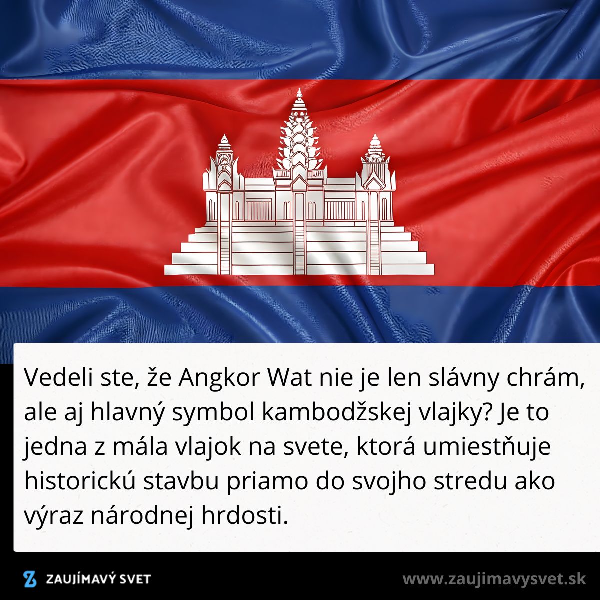 Kambodžská vlajka s Angkor Wat, symbolom historickej pamiatky a národnej hrdosti uprostred modro-červených pruhov.