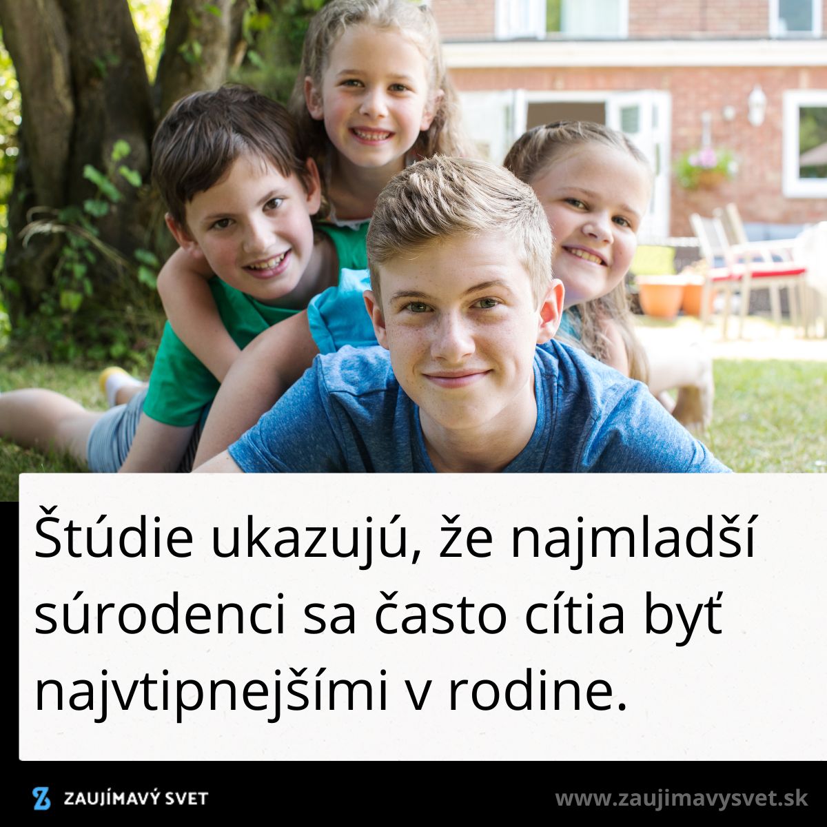 Skupina detí leží na tráve, v popredí sú dvaja chlapci a dve dievčatá s úsmevmi na tvári, vonkajší rodinný portrét.