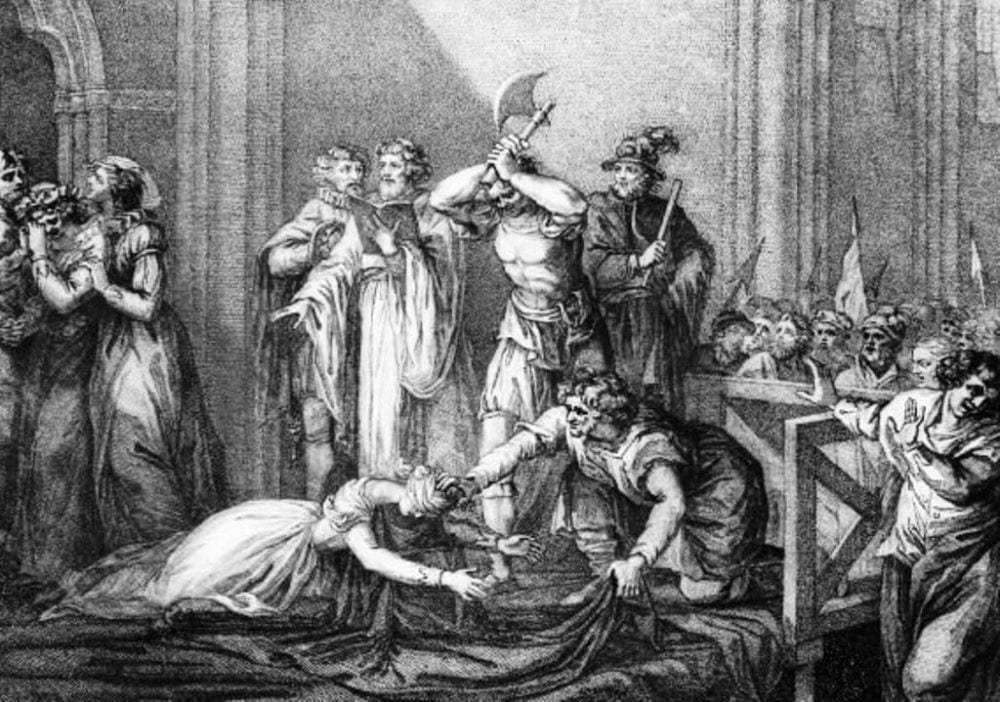 Stredoveká poprava s davom: žena na zemi, kat s mečom. Historická scénka v čiernobielom prevedení.