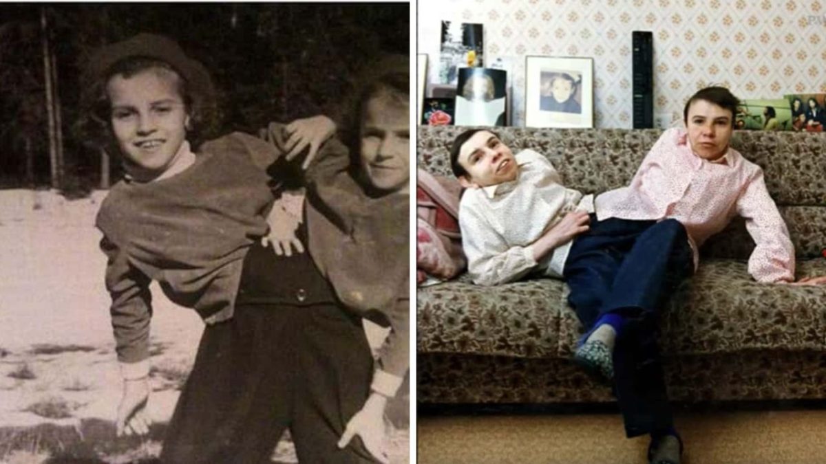 Dve historické fotografie zachytávajúce dvojicu ľudí, jednu v čiernobielom exteriéri, druhú v obývačke na gauči.