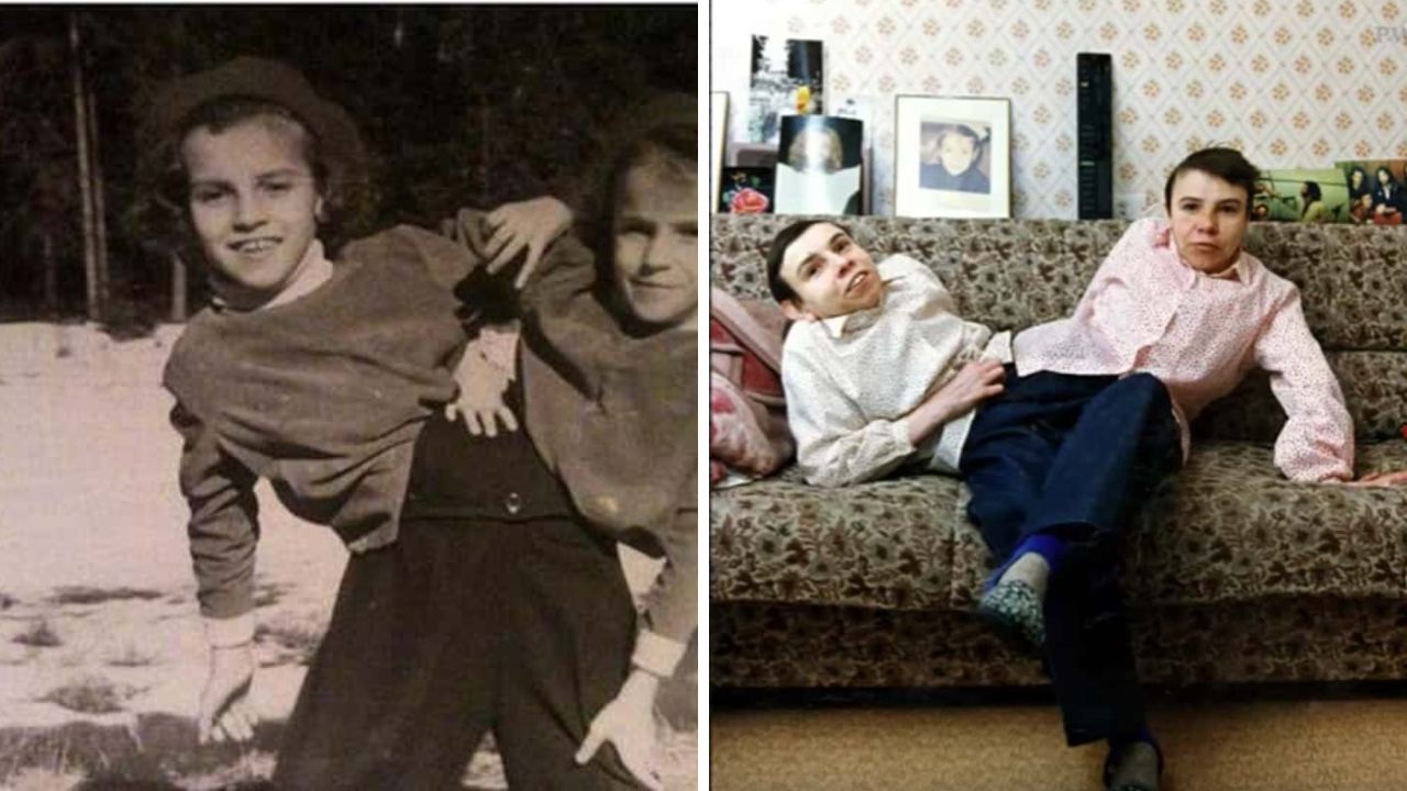 Dve historické fotografie zachytávajúce dvojicu ľudí, jednu v čiernobielom exteriéri, druhú v obývačke na gauči.