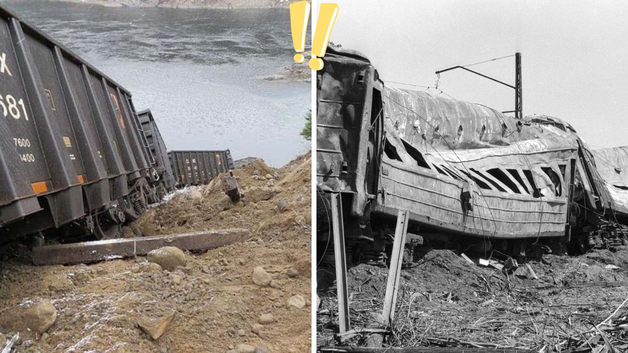 Vlakové nešťastia: Súčasný a historický pohľad na vykoľajenie vlakov, zachytené na fotografii.