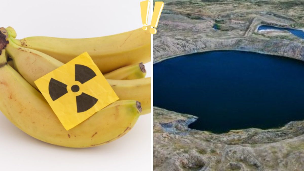 Banány s rádiovým symbolom, vedľa veľkého krátera s modrou vodou na kamenistej krajine.