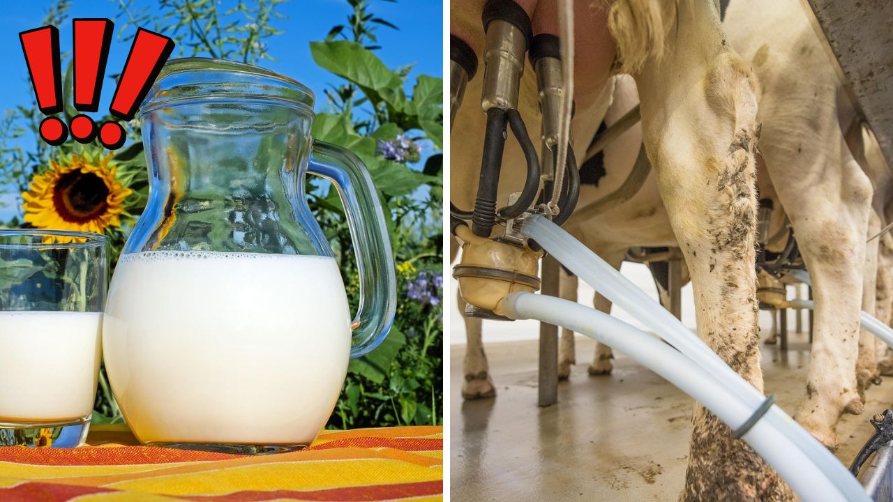 Mlieko na stole vedľa slnečnice, systém dojenia kravy. Produkcia mlieka od farmy po stôl.