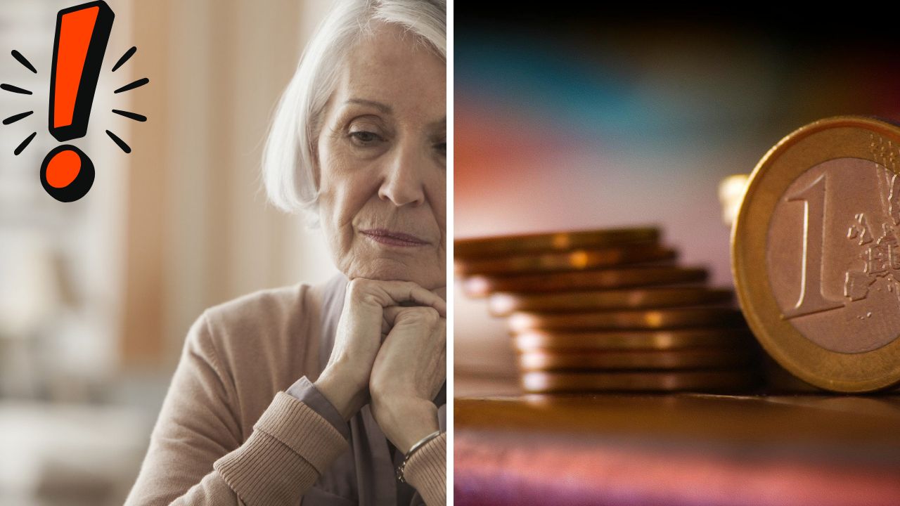 Staršia žena zamýšľajúca sa nad financiami vedľa stohu euromincí, symbolizujúcich peňažné starosti dôchodcov.