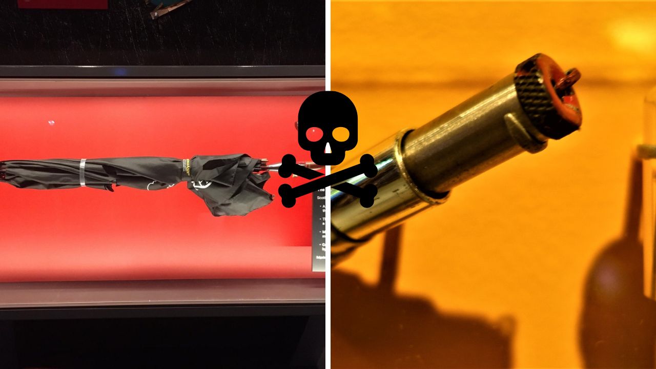 Zložený čierny dáždnik vedľa detailného záberu trubice s lebkou a skríženými hnátmi na pozadí.
