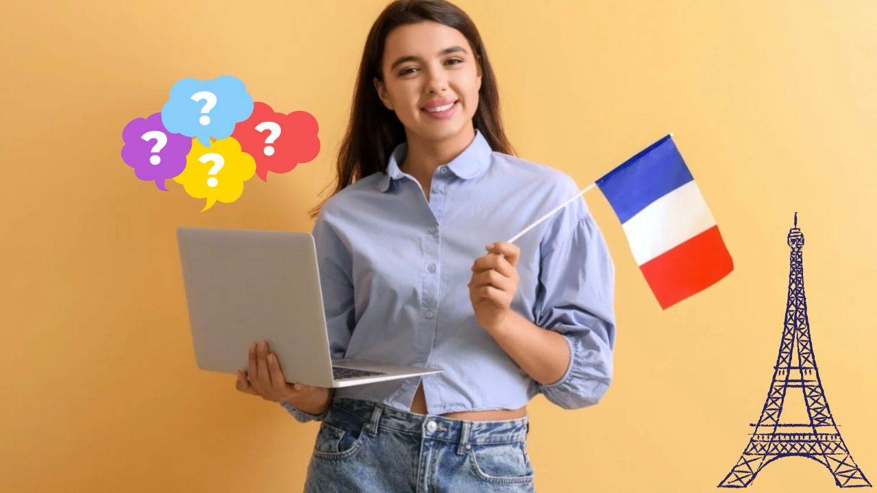 Žena s notebookom a francúzskou vlajkou, symbolizujúca učenie sa francúzštiny, na pozadí Eiffelovej veže.