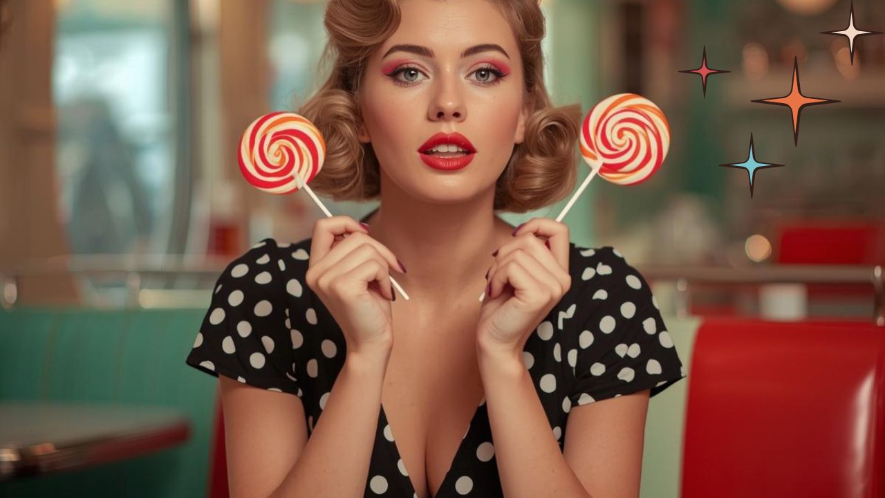Žena s vintage účesom drží farebné lízanky, čiernobiely bodkovaný odev, retro štýl v kaviarni.