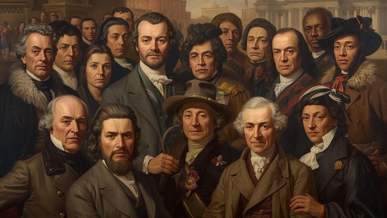 Skupinový portrét historických postáv v starodávnom oblečení, stojacich pred architektonickou kulisou.
