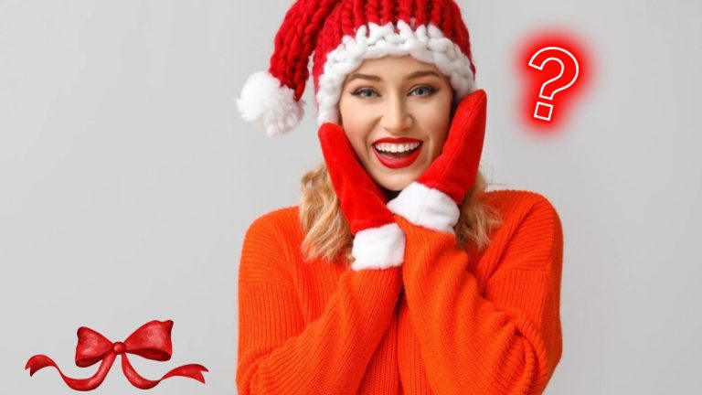 Žena v červenom svetri a čiapke so Santa motívom, rukavice, otáznik. Vianočná nálada a prekvapenie.