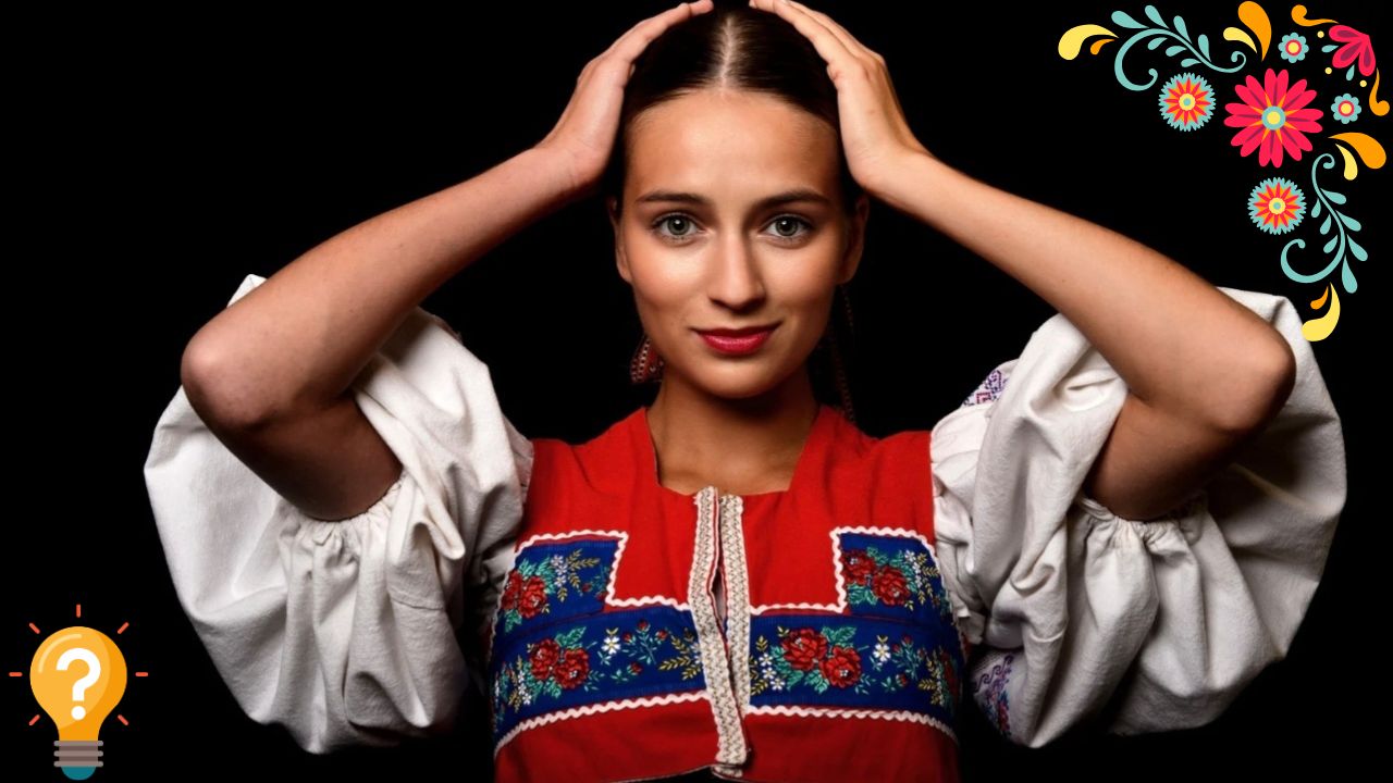Mladá žena v tradičnom slovenskom kroji, ruky má položené na hlave, čierne pozadie.