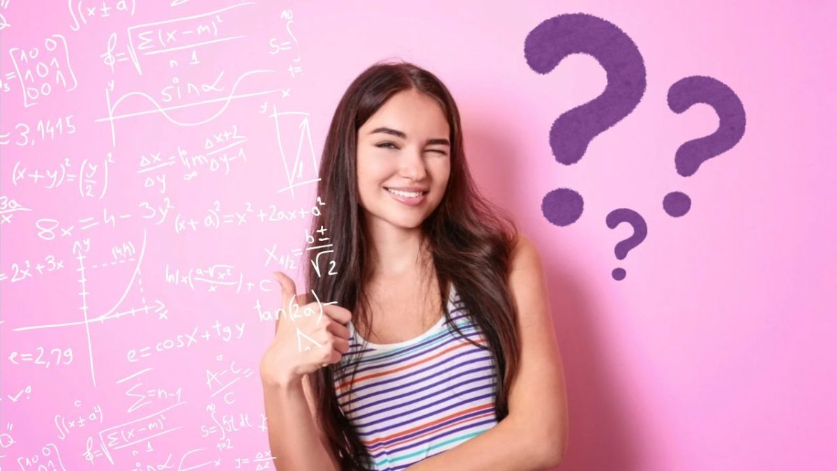 Mladá žena pred tabuľkou s matematickými rovnicami dáva palec hore, záhadné otázniky na ružovom pozadí.