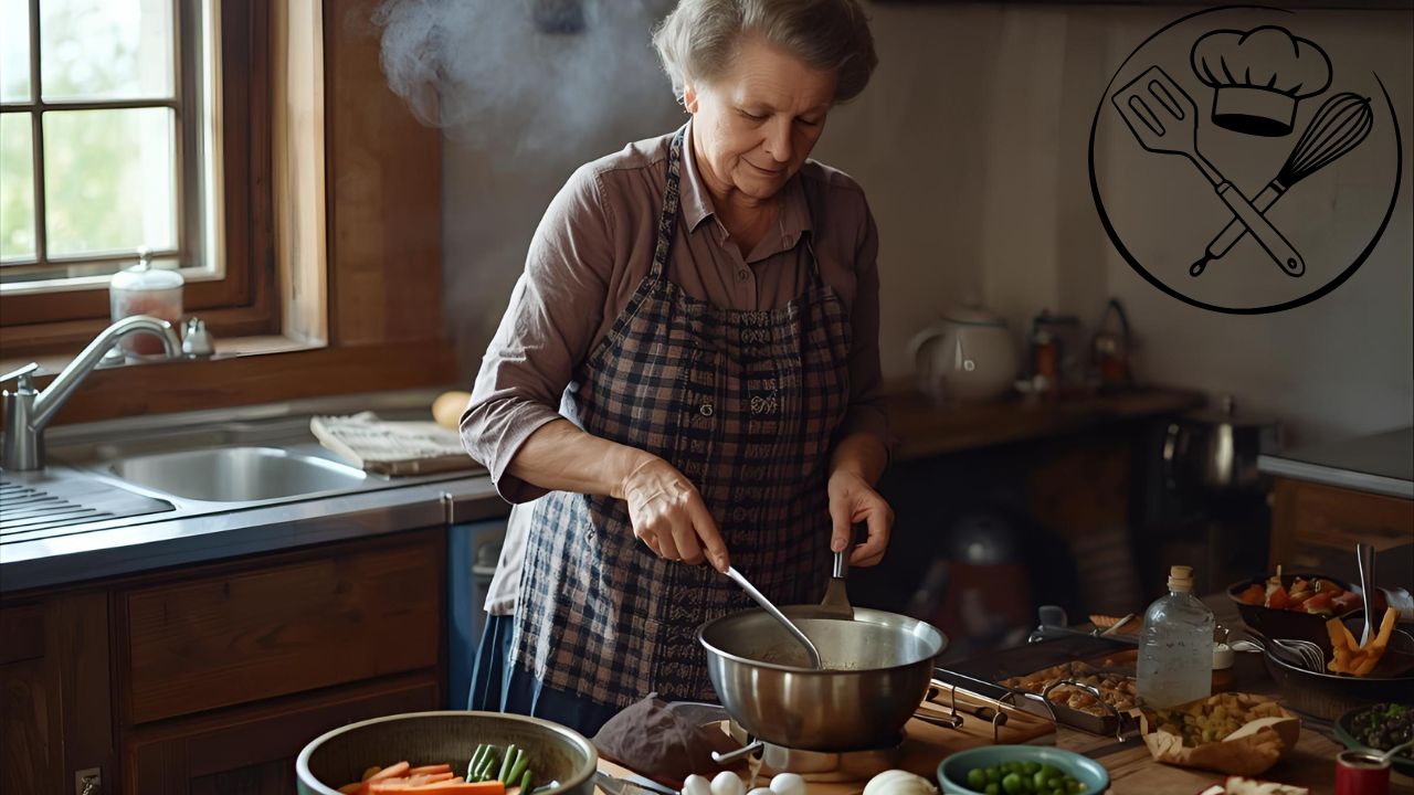 Staršia žena varí v kuchyni, okolo nej sú čerstvé suroviny, para stúpa z hrnca na stole.