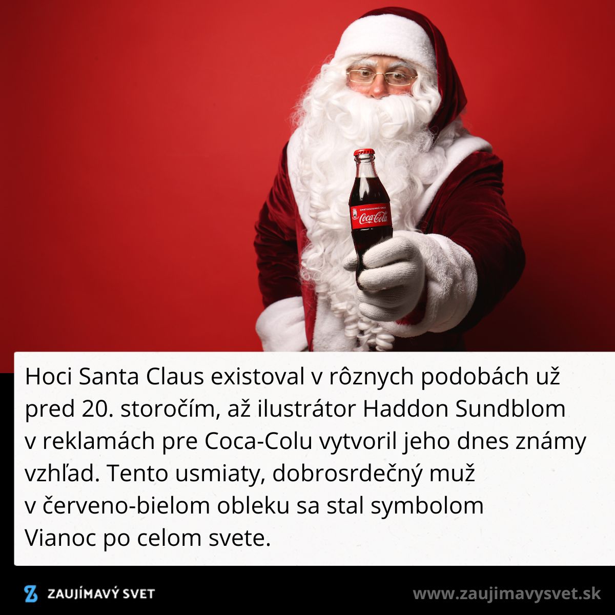 Santa Claus v červeno-bielom obleku s fľašou Coca-Coly na červenom pozadí, symbol Vianoc.