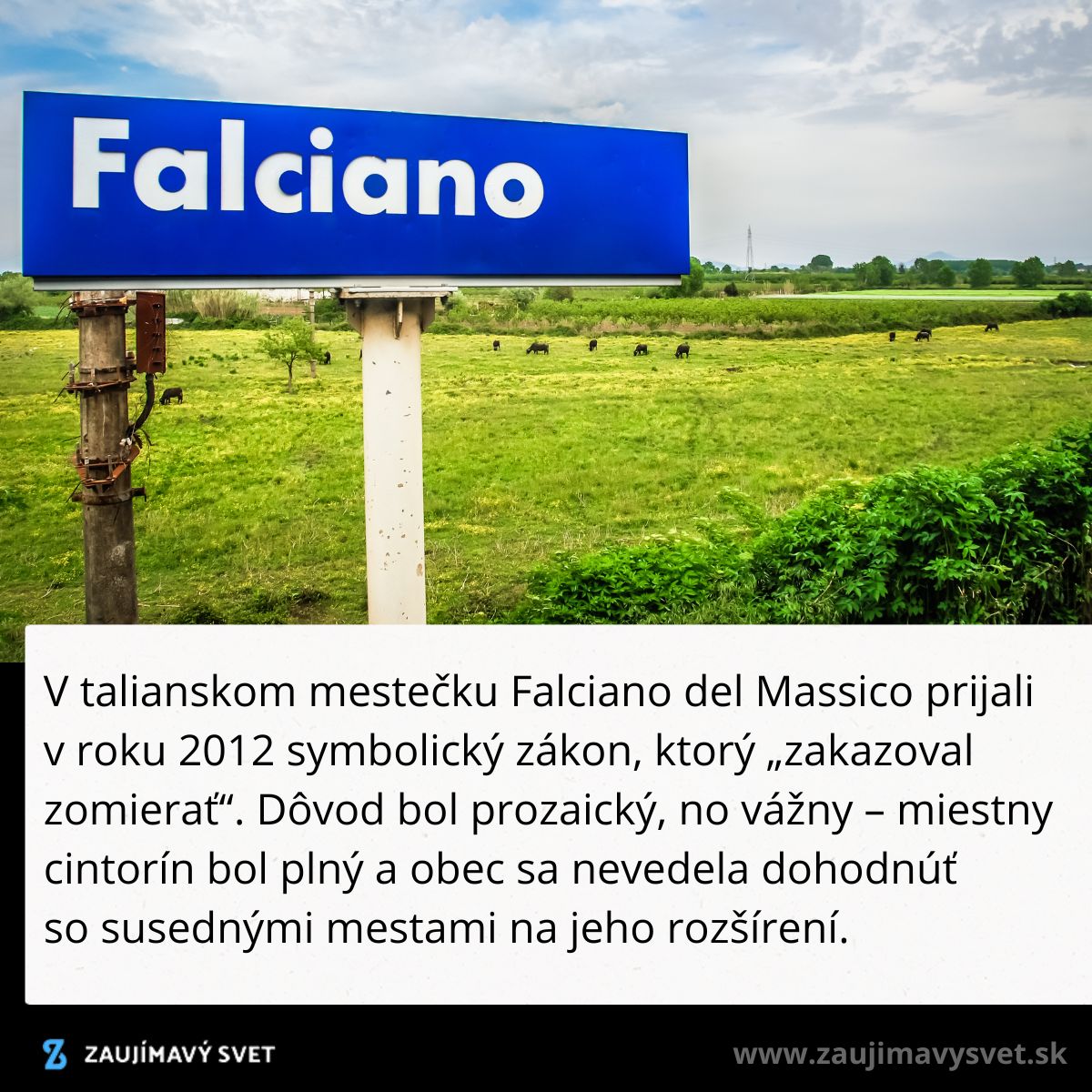 Ceduľa Falciano so zeleným poľom v pozadí, mesto s kurióznym zákazom umierania pre plný cintorín.