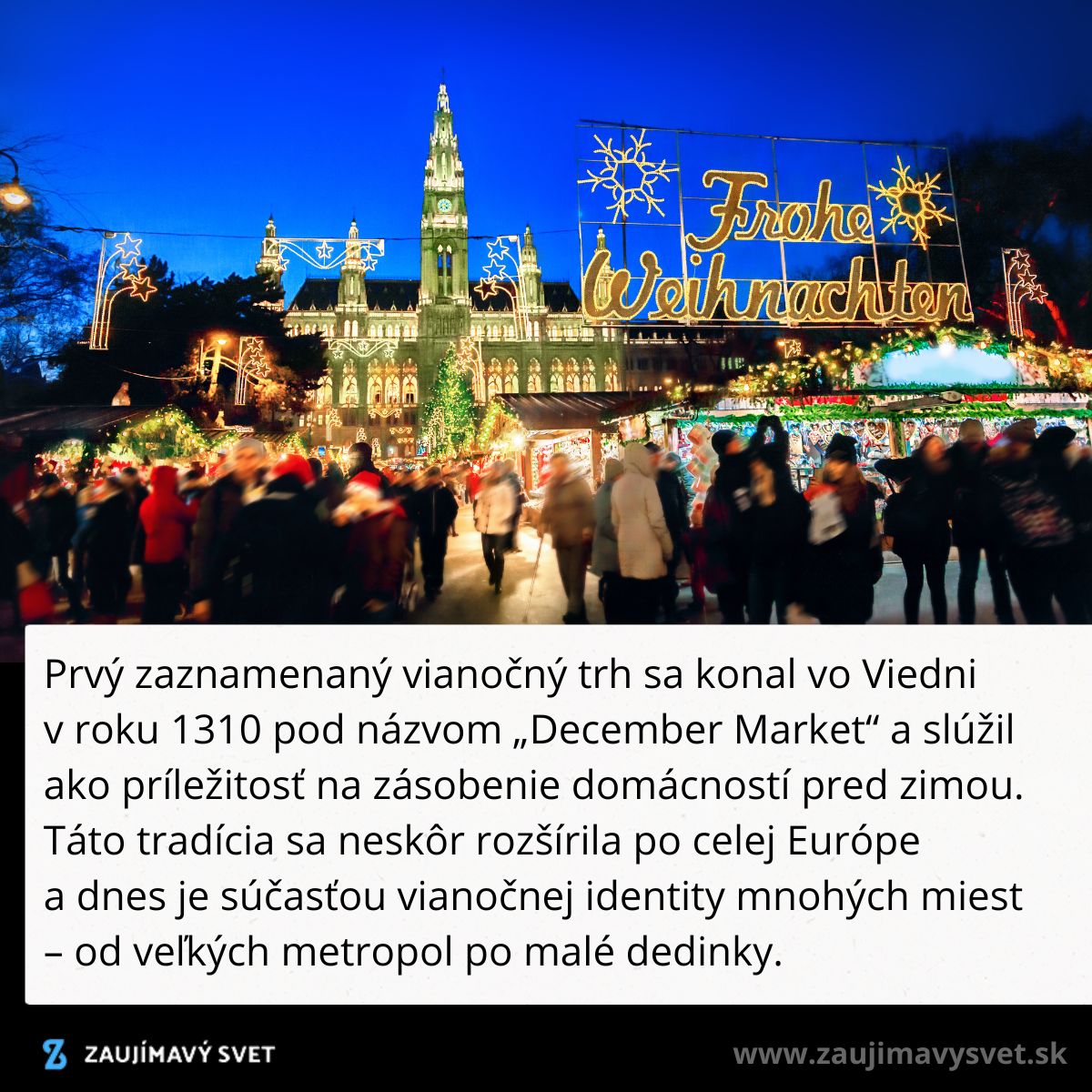 Vianočný trh vo Viedni s osvetlenou radnicou v pozadí, návštevníci užívajúci si sviatočnú atmosféru.