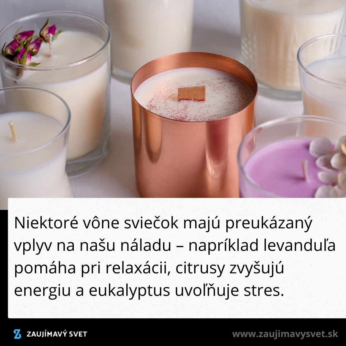 Rôzne voňavé sviečky v sklenených nádobách a medi na stolíku s relaxačnými kvetinovými dekoráciami.