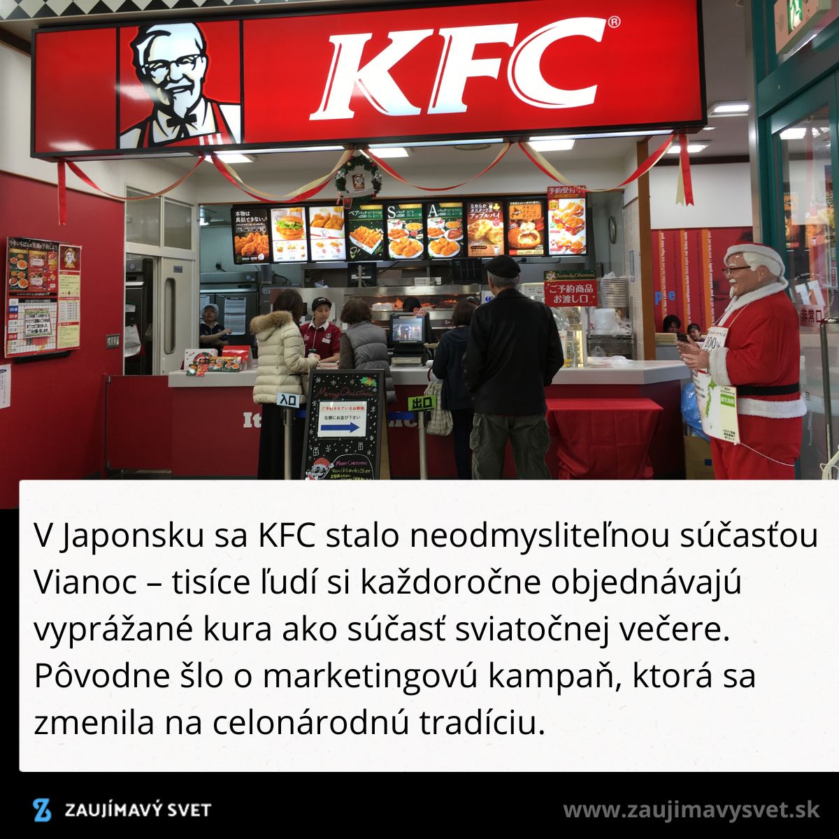 KFC reštaurácia v Japonsku počas Vianoc, s ľuďmi objednávajúcimi vyprážané kura. Tradičná sviatočná večera.