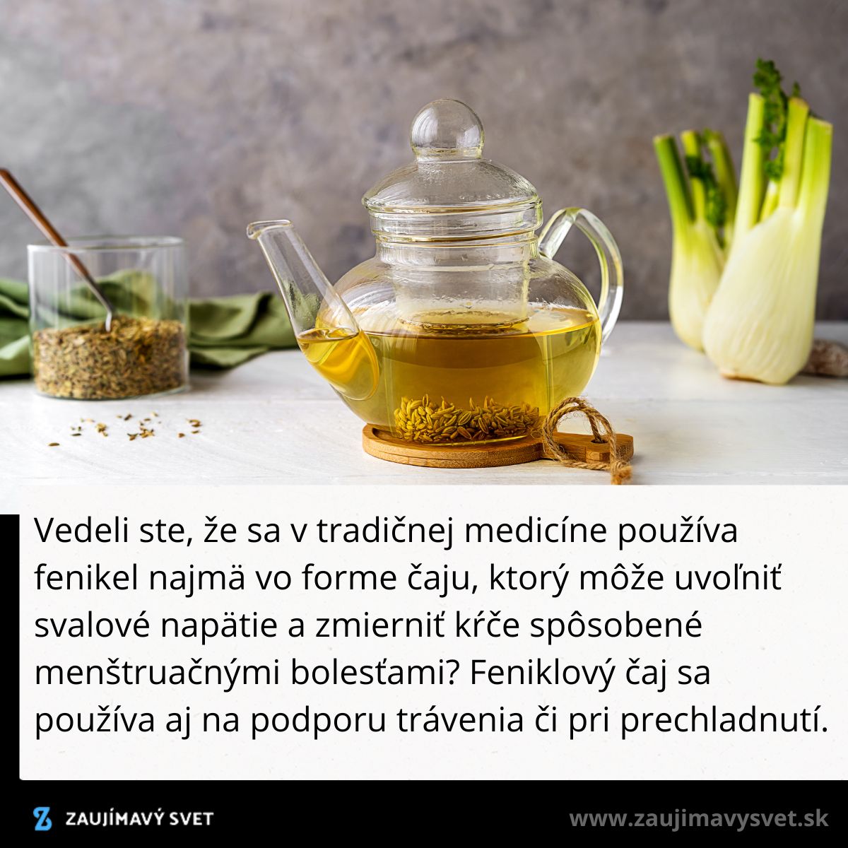 Sklenená kanvica s feniklovým čajom na stole, vedľa fenikla a pohára so semienkami.