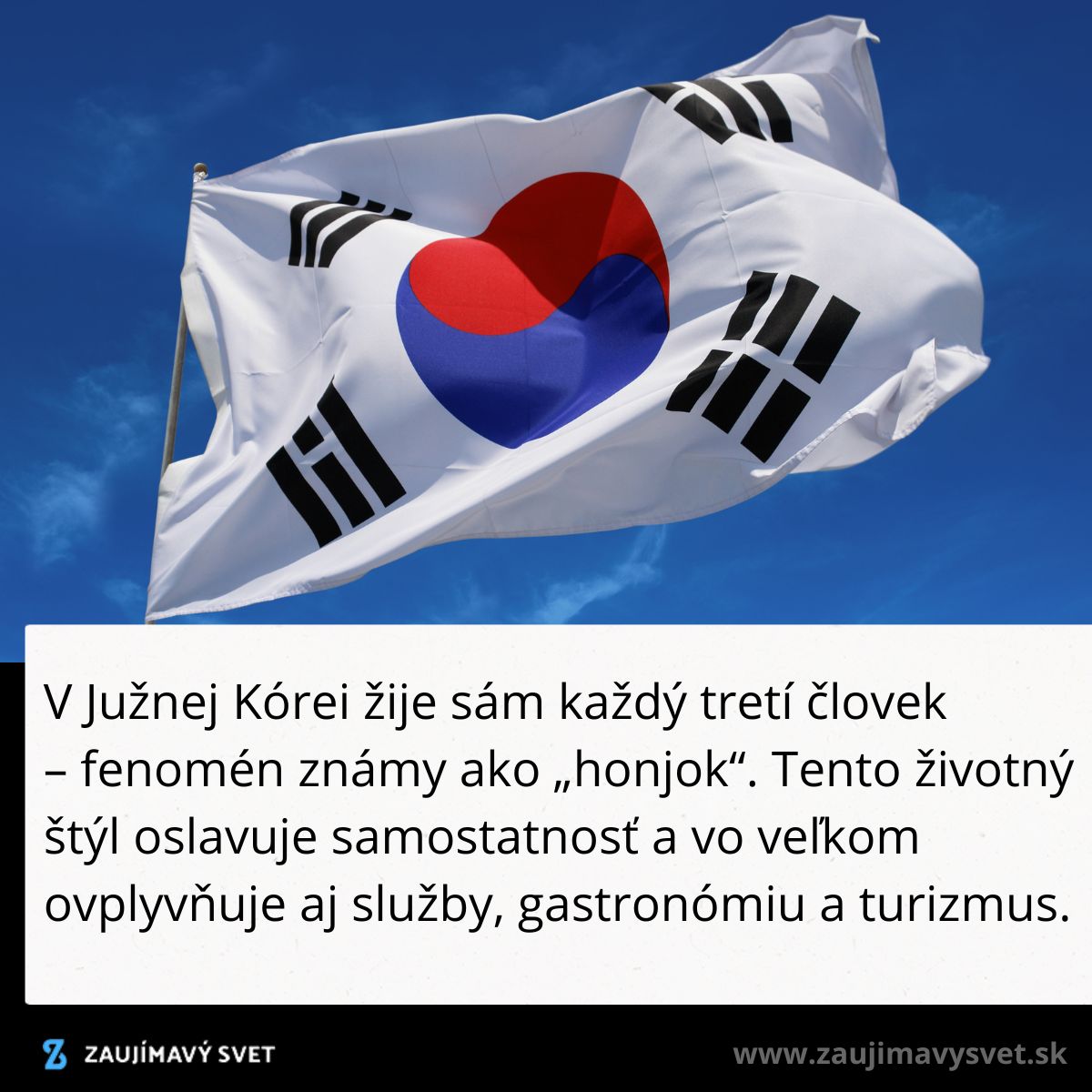 Vlajka Južnej Kórey na modrej oblohe; text o fenoméne honjok a jeho vplyve na životný štýl.
