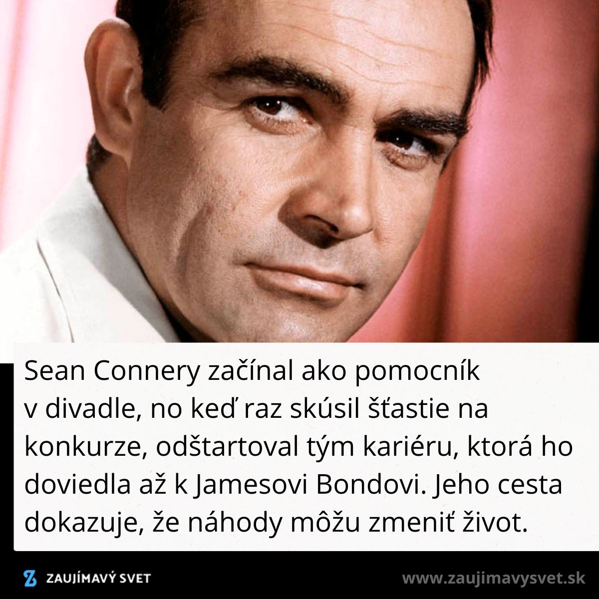 Muž vo formálnom oblečení na farebnom pozadí. Text hovorí o kariérnom úspechu v herectve a náhodách života.
