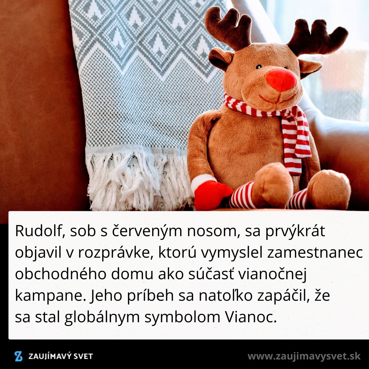 Plyšový sob s červeným nosom a šálom sedí vedľa vzorovanej deky na koženom kresle.