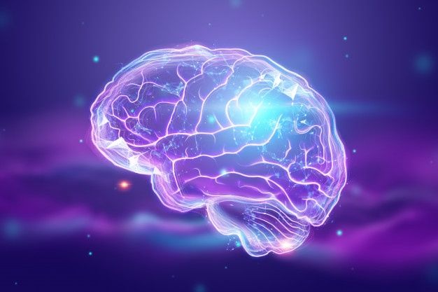 Digitálny mozog v neonových farbách na purpurovom pozadí, symbolizujúci pokročilú technológiu a umelú inteligenciu.