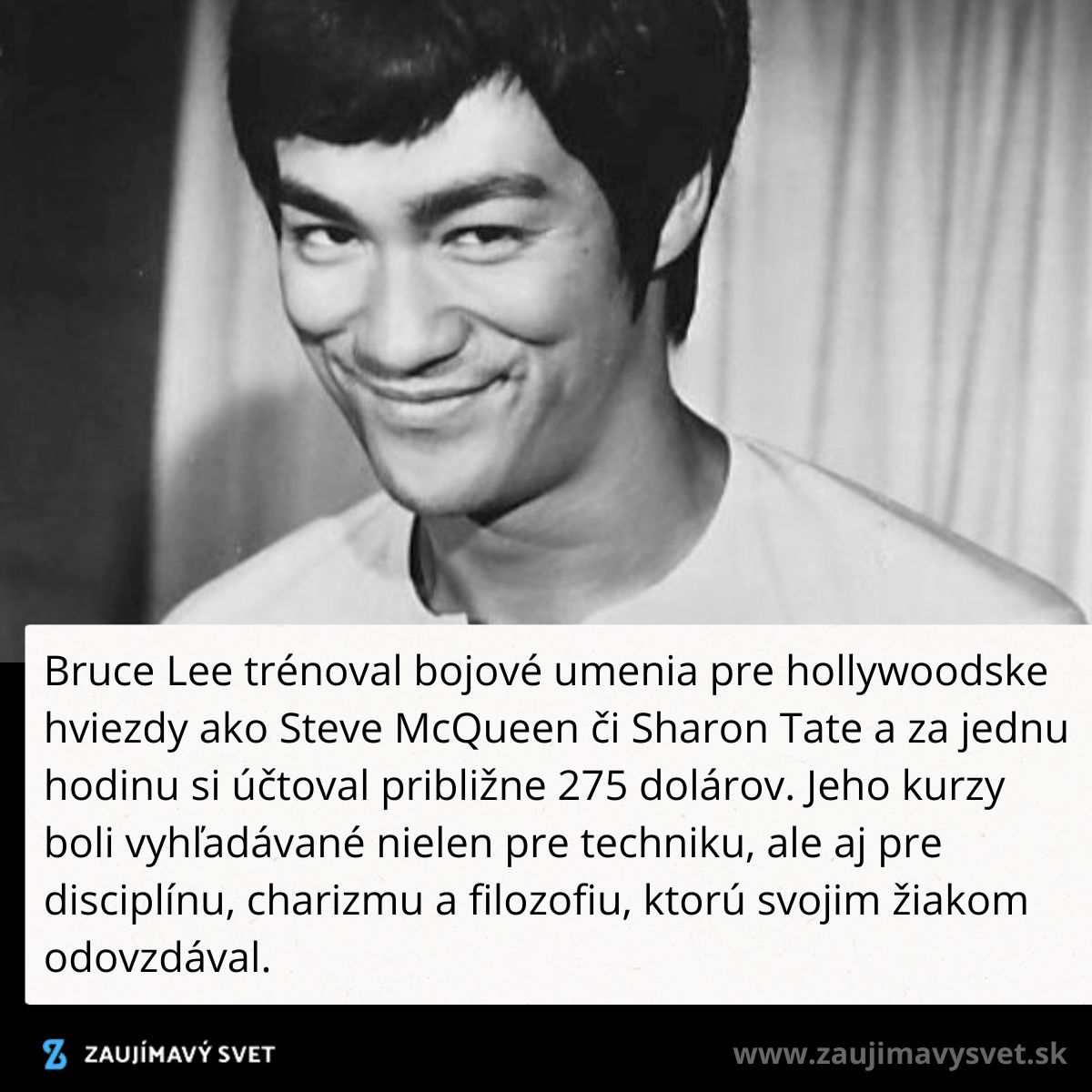 Usmievajúci sa muž v čiernobielom portréte, text hovorí o tréningu bojových umení hollywoodskych hviezd.