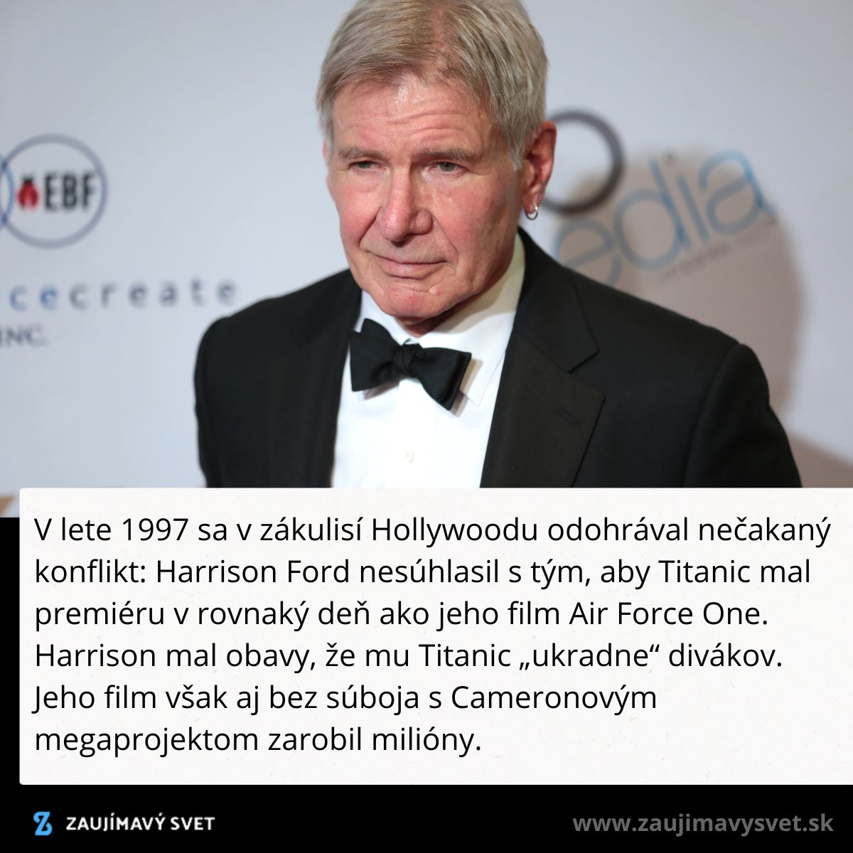 Herec v obleku na červenom koberci; príbeh konfliktu s filmom Titanic v lete 1997.